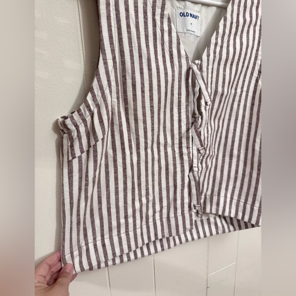 Old Navy Sleeveless Tie Front Blouse Brown White Stripe Linen Med Cottagecore - Picture 6 of 9